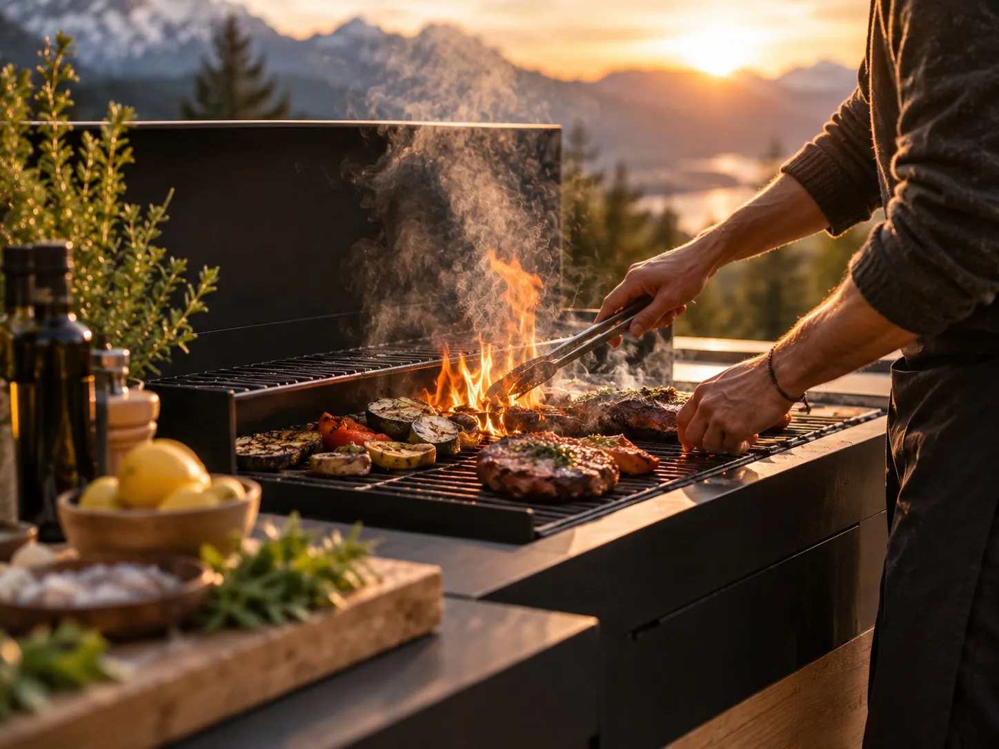 Person grilliert Fleisch und Gemüse auf dem Einbaugrill einer Outdoorküche, offene Flamme, Bergpanorama im Abendlicht