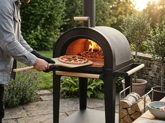 Person schiebt eine Pizza mit dem Schieber in einen Gartenofen mit brennendem Holz, Terrasse mit Olivenbaum im Abendlicht