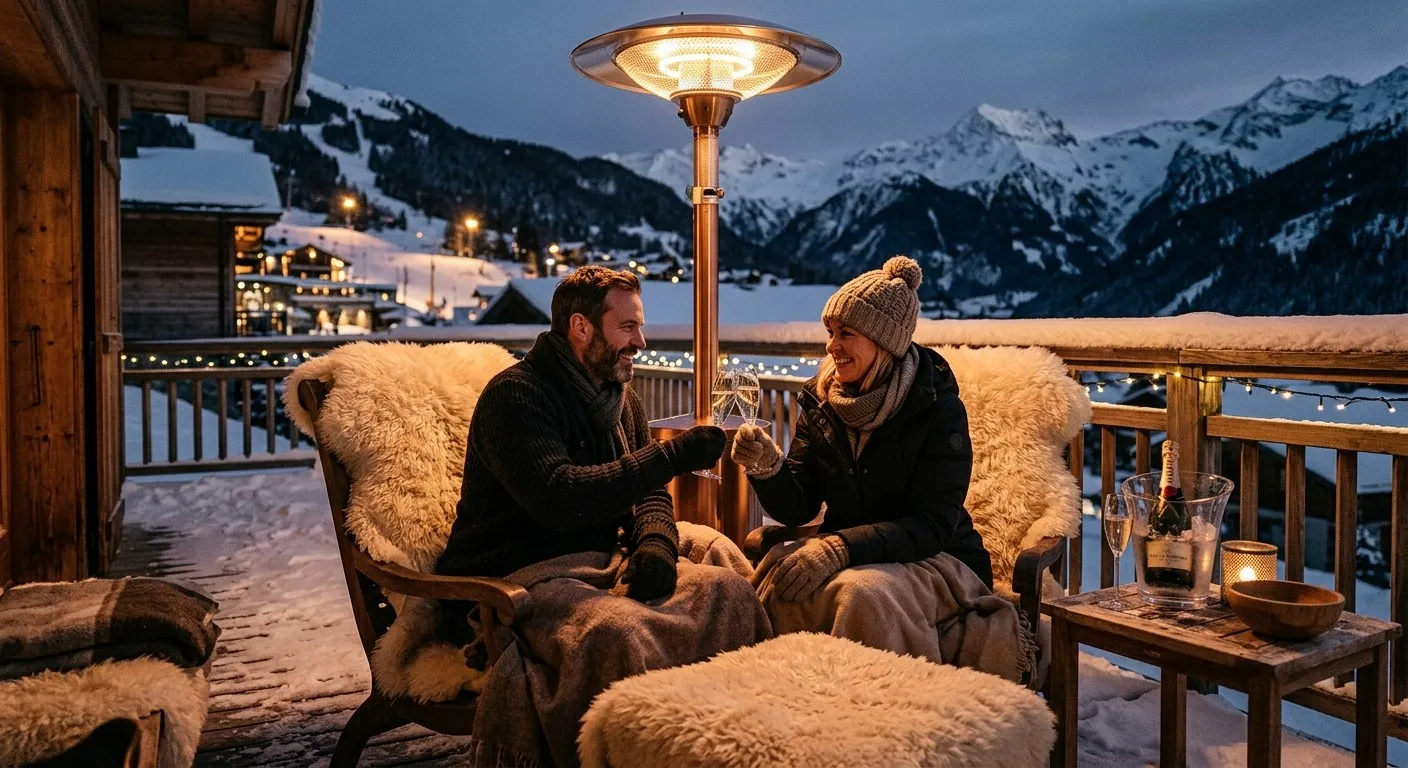 Zwei Personen stossen unter einem Heizstrahler auf einer verschneiten Chaletterrasse an, Felle über den Sesseln, Bergpanorama in der Dämmerung