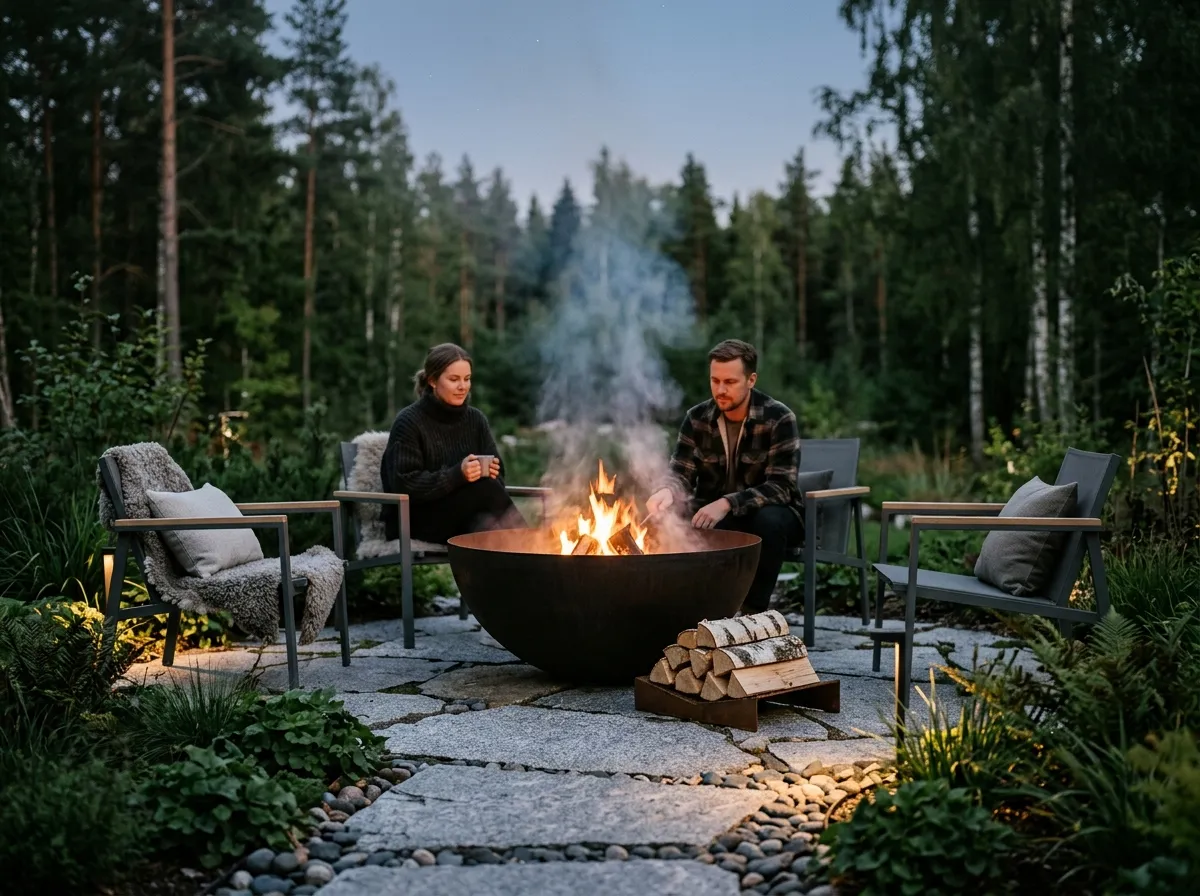 Zwei Personen sitzen am Abend um eine grosse Feuerschale aus Cortenstahl auf einer Natursteinterrasse, Birken und Nadelwald im Hintergrund